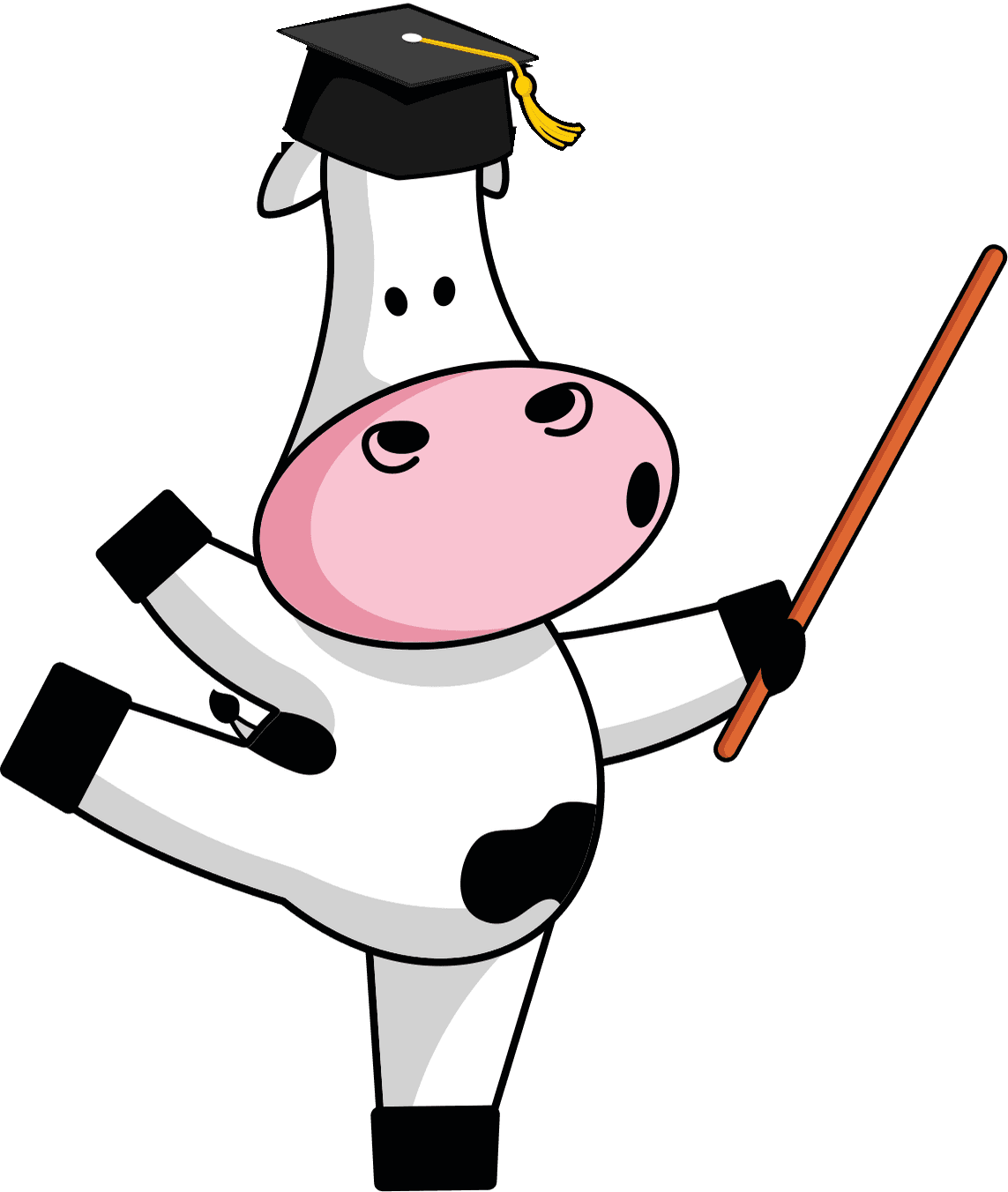 Moo, a vaquinha da Milky Moo, de capelo de formatura, apontando para a missão, a visão e os valores